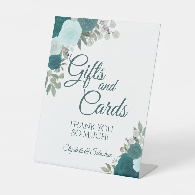 Rustic Teal Boho Chic Floral Gifts & Cards Wedding Pedestal Sign (Front)