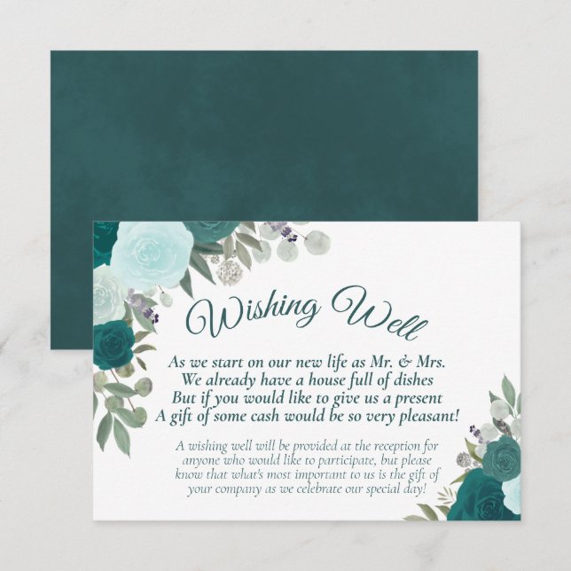 Rustic Teal Boho Floral Wedding Wishing Well Enclosure Card (Front/Back)