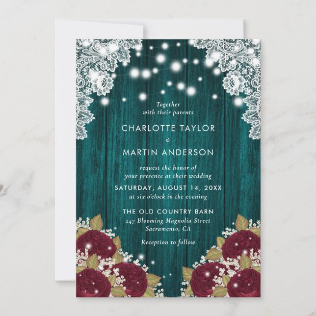 Rustic Teal Burgundy Floral Wedding Invitation (Front)