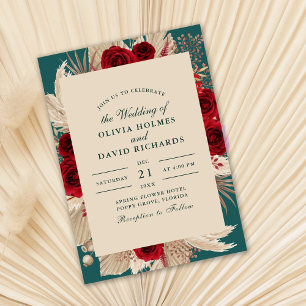 Rustic Teal Burgundy Roses Wedding Invitation
