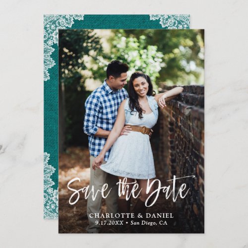 Rustic Teal Burlap and Lace Wedding Photo Save The Date