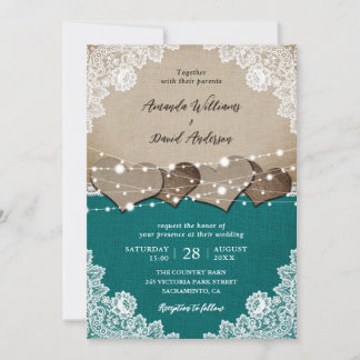 Rustic Teal Burlap Lace String Lights Wedding Invitation