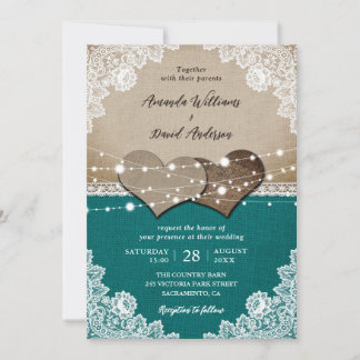 Rustic Teal Burlap Lace String Lights Wedding Invitation