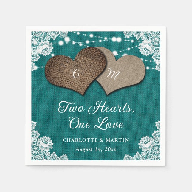 Rustic Teal Burlap Lace String Lights Wedding Napkins (Front)