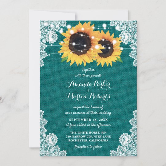 Rustic Teal Burlap Lace Sunflower Wedding Invitation 6754