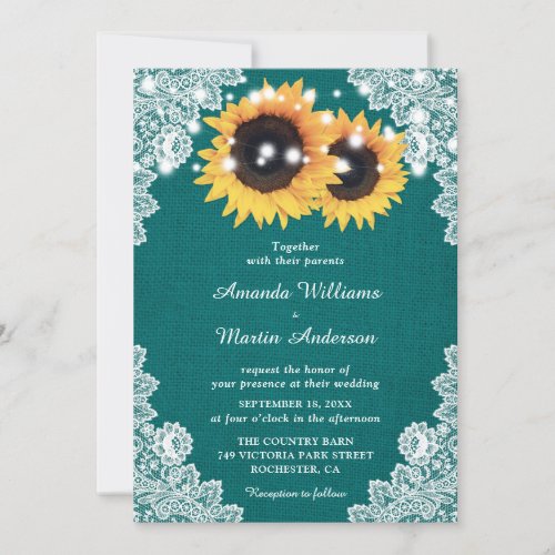 Rustic Teal Burlap Lace Sunflower Wedding Invitation