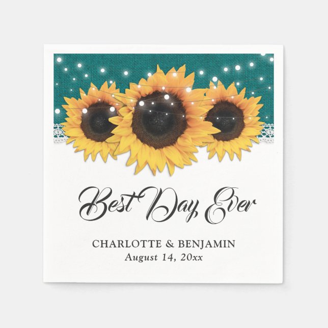 Rustic Teal Burlap Lace Sunflower Wedding Napkins (Front)