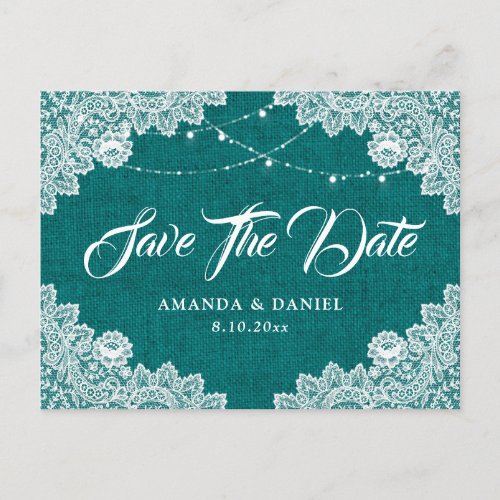 Rustic Teal Burlap Lace Wedding Save The Date Announcement Postcard