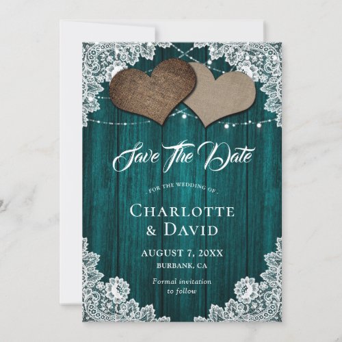 Rustic Teal Burlap Lace Wedding Save The Date Card