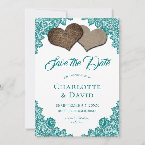 Rustic Teal Burlap Lace Wedding Save The Date Card