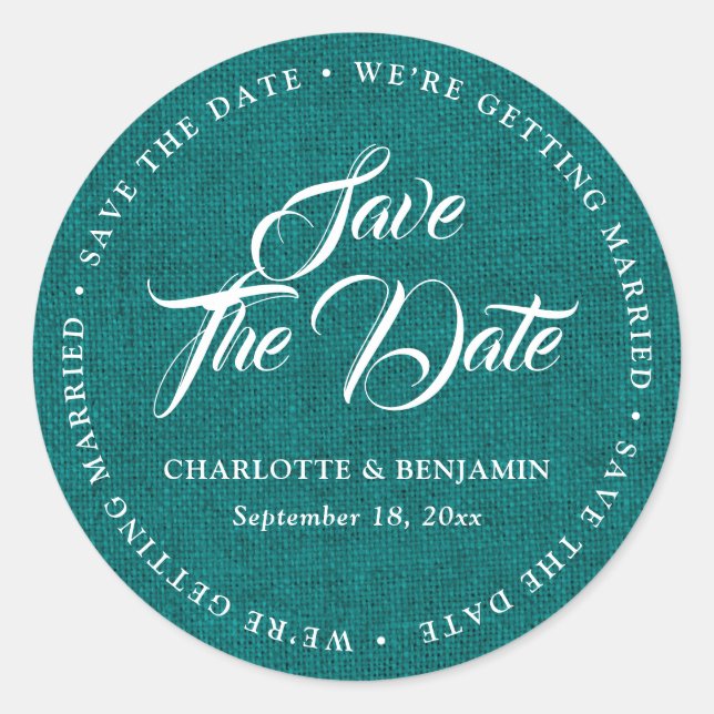 Rustic Teal Burlap Script Wedding Envelope Seal (Front)