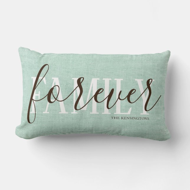 Rustic Teal Burlap Style Family Forever | Photo Lumbar Pillow (Front)