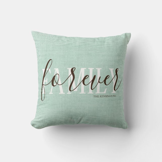 Rustic Teal Burlap Style Family Forever | Photo Throw Pillow (Front)