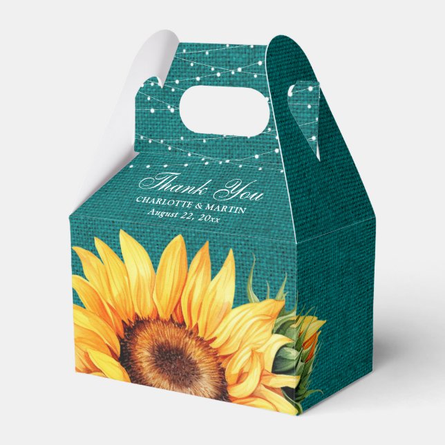 Rustic Teal Burlap Sunflower Wedding Favor Box (Front Side)