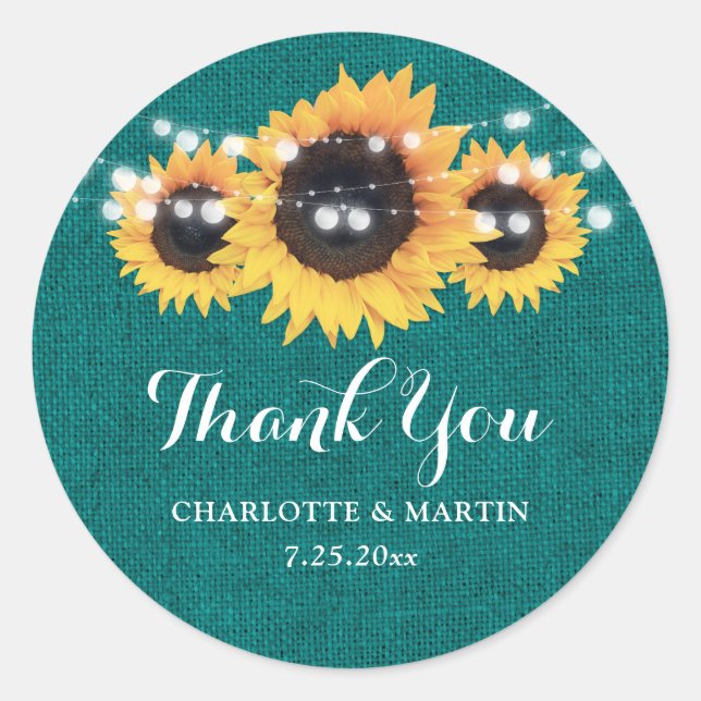 Rustic Teal Burlap Sunflower Wedding Favor Classic Round Sticker (Front)