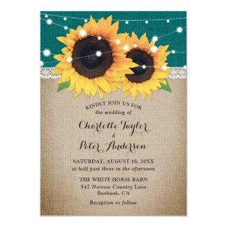Rustic Teal Burlap Sunflower Wedding Invitation
