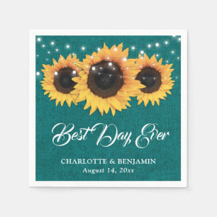 Rustic Teal Burlap Sunflower Wedding Napkins