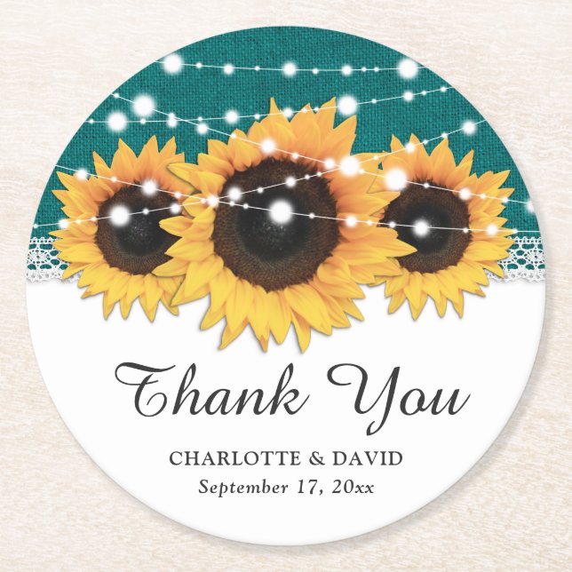 Rustic Teal Burlap Sunflower Wedding Round Paper Coaster (Front)