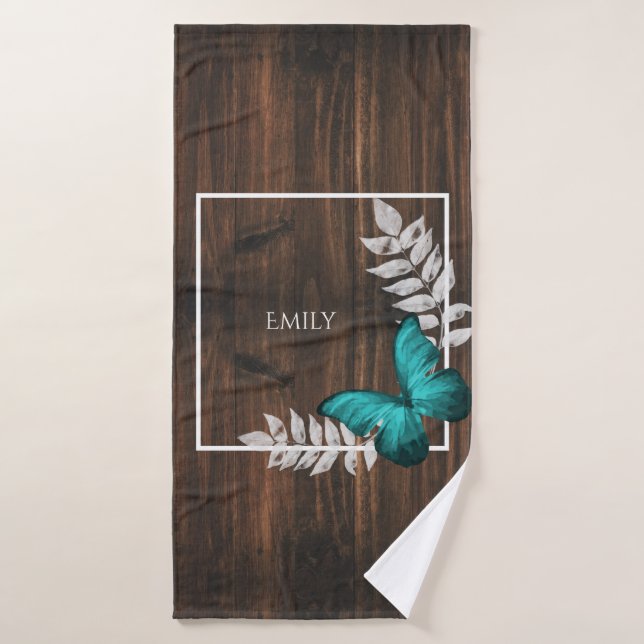 Rustic Teal Butterfly Personalized Bath Towel Set (Bath Towel)