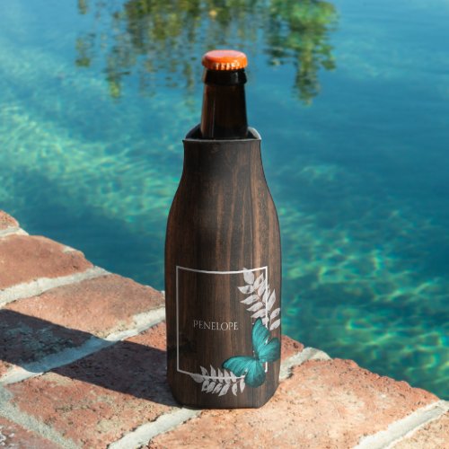 Rustic Teal Butterfly Personalized Bottle Cooler