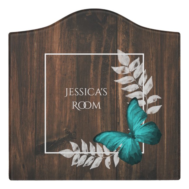 Rustic Teal Butterfly Personalized Door Sign (Large Crest Front)
