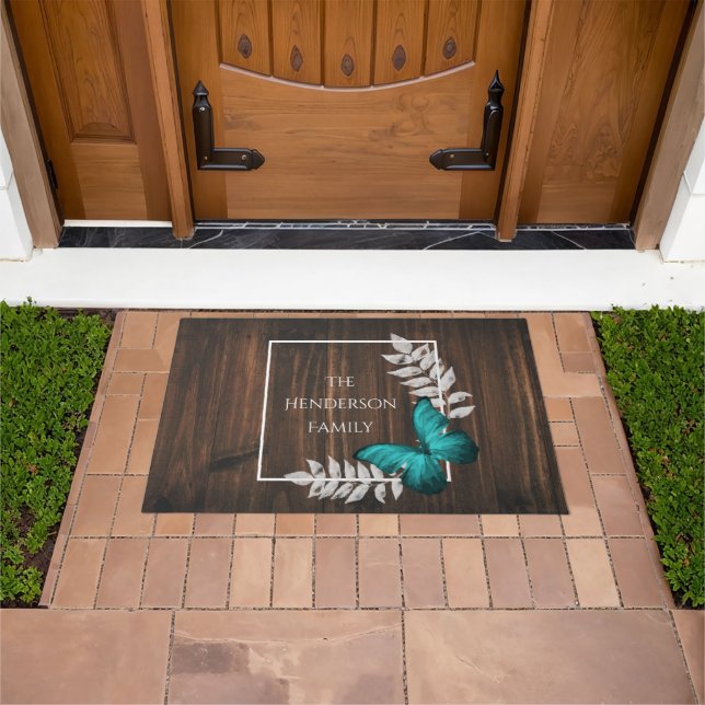 Rustic Teal Butterfly Personalized Doormat (Outdoor)