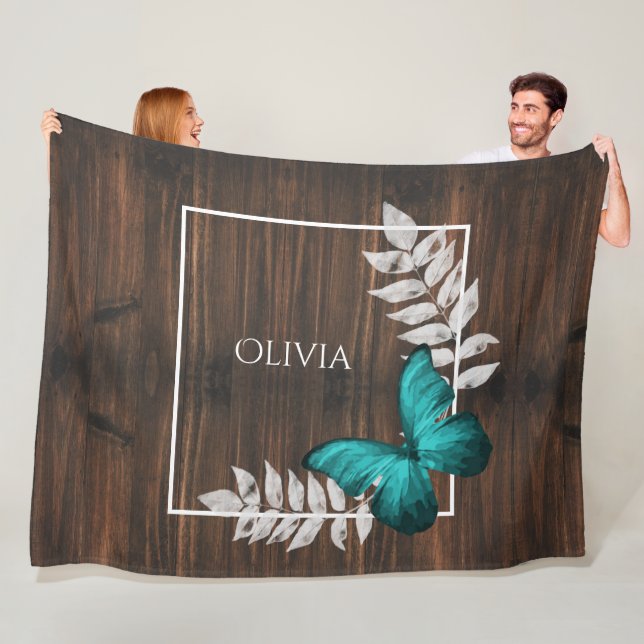 Rustic Teal Butterfly Personalized Fleece Blanket (In Situ)