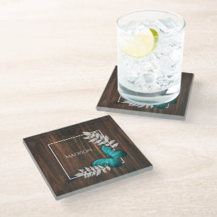 Rustic Teal Butterfly Personalized Glass Coaster