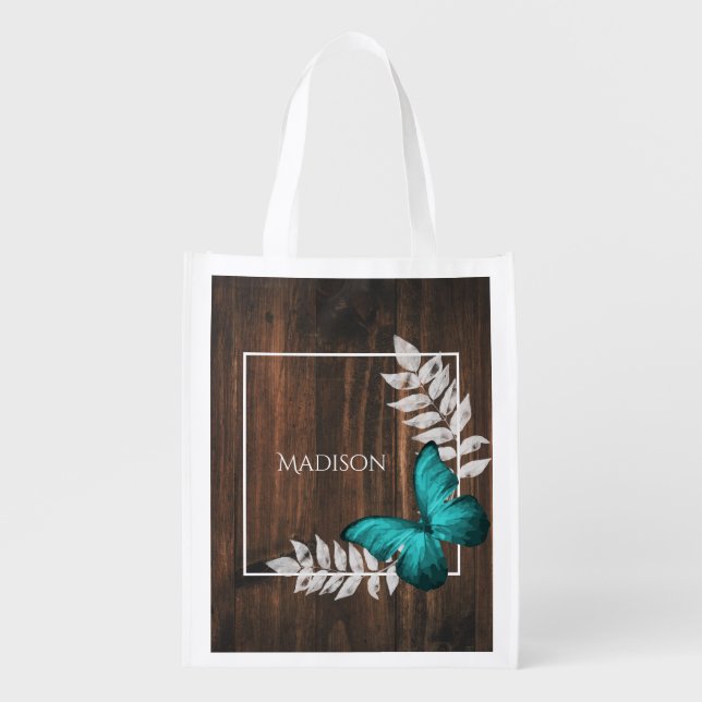 Rustic Teal Butterfly Personalized Grocery Bag (Front)