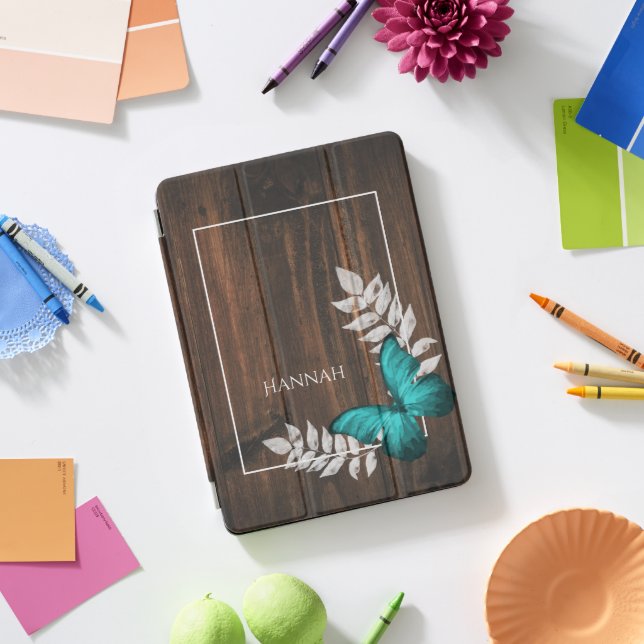 Rustic Teal Butterfly Personalized iPad Pro Cover (Desk)