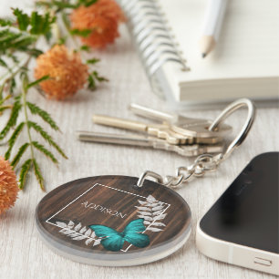 Rustic Teal Butterfly Personalized Keychain