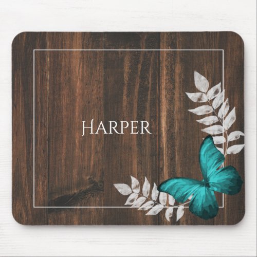 Rustic Teal Butterfly Personalized Mouse Pad