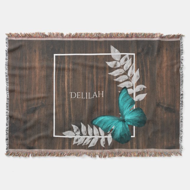 Rustic Teal Butterfly Personalized Throw Blanket (Front)