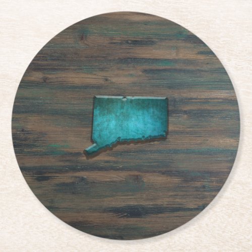 Rustic Teal Connecticut Shape Round Paper Coaster