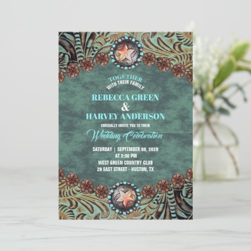 Rustic Teal Cowboy Country Western Horse Wedding Invitation