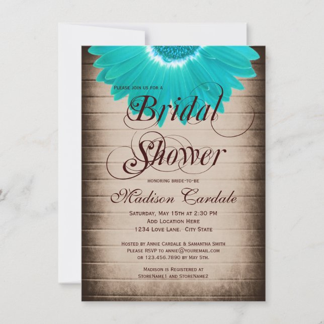 Rustic Teal Daisy Bridal Shower Invitations (Front)
