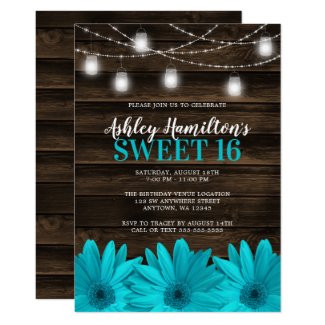 Rustic Teal Daisy Mason Jar Lights Sweet 16 Invitation