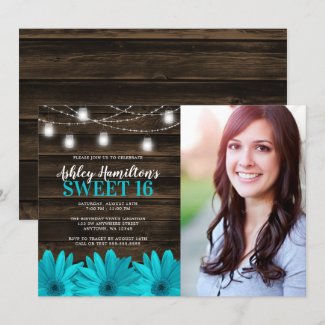 Rustic Teal Daisy Mason Jar Lights Sweet 16 Photo Invitation