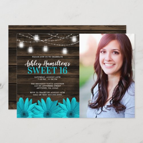 Rustic Teal Daisy Mason Jar Lights Sweet 16 Photo Invitation