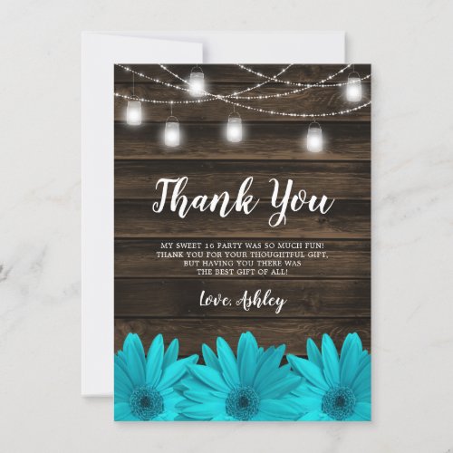 Rustic Teal Daisy Mason Jar Lights Sweet 16 Thank You Card