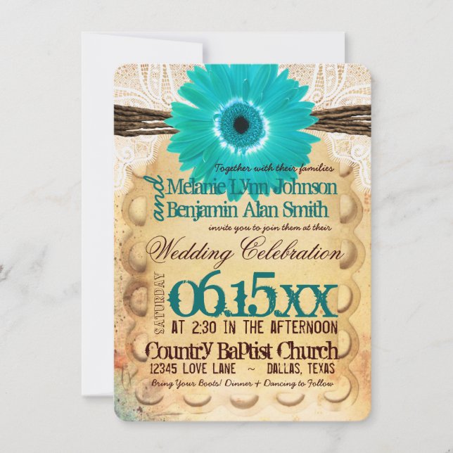Rustic Teal Daisy Typography Wedding Invitations (Front)