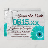 Rustic Teal Daisy Wood Save The Date Postcards (Front/Back)