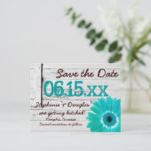 Rustic Teal Daisy Wood Save The Date Postcards (Standing Front)