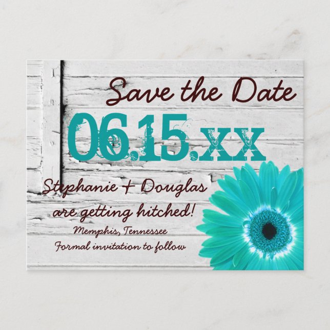 Rustic Teal Daisy Wood Save The Date Postcards (Front)