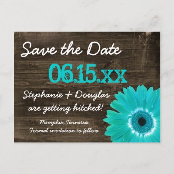 Rustic Teal Daisy Wood Save The Date Postcards by RusticCountryWedding at Zazzle