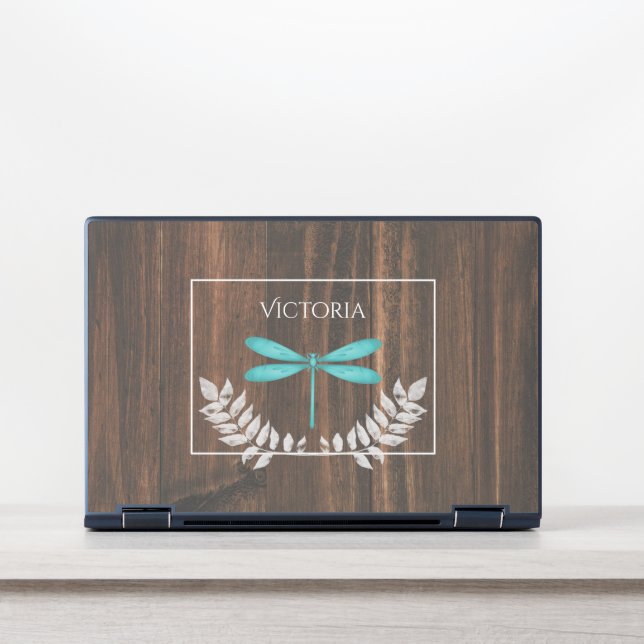 Rustic Teal Dragonfly Personalized HP Laptop Skin (Front)