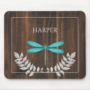 Rustic Teal Dragonfly Personalized Mouse Pad