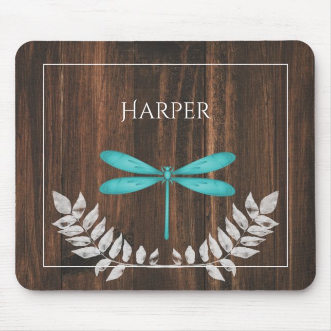 Rustic Teal Dragonfly Personalized Mouse Pad (Front)