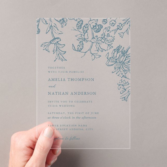 Rustic Teal Elegant Botanical Floral Wedding Acrylic Invitations (Insitu (Handheld))