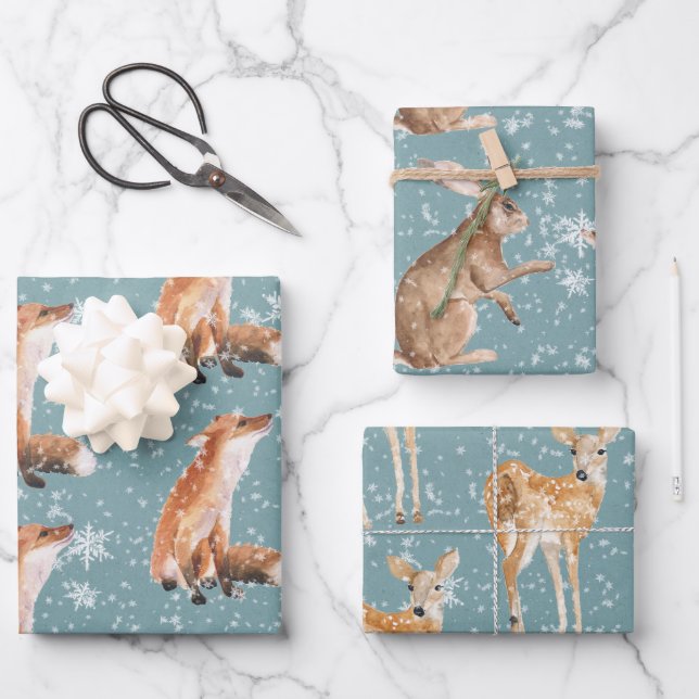 Rustic Teal Elegant Snowy Winter Animals Wrapping Paper Sheets (Front)